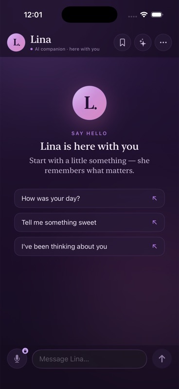 Luvella chat screen with conversation starters